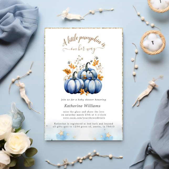 Blue Gold Pumpkin Autumn Baby Shower Invitation (Creator Uploaded)
