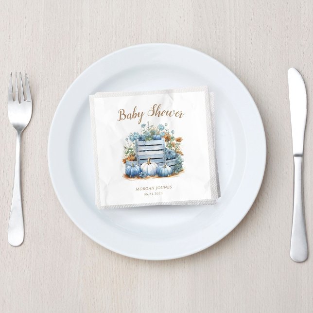 Blue Gold Pumpkin Autumn Baby Shower Napkin (Creator Uploaded)