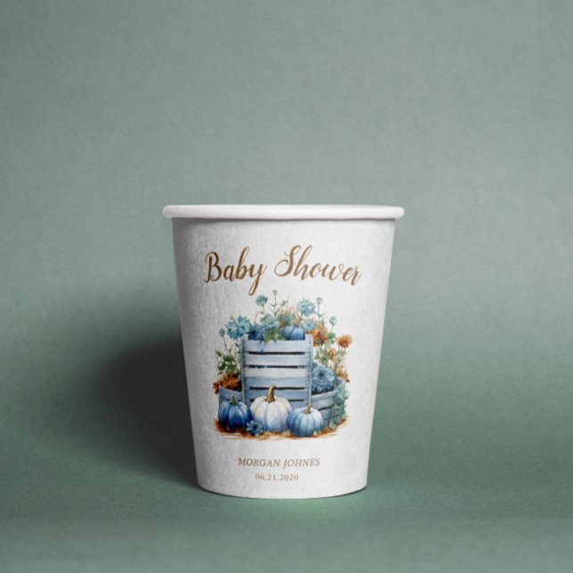 Blue Gold Pumpkin Autumn Baby Shower Paper Cups (Creator Uploaded)