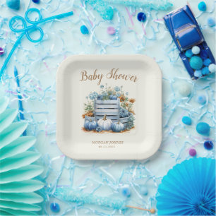 Blue Gold Pumpkin Autumn Baby Shower Paper Plate