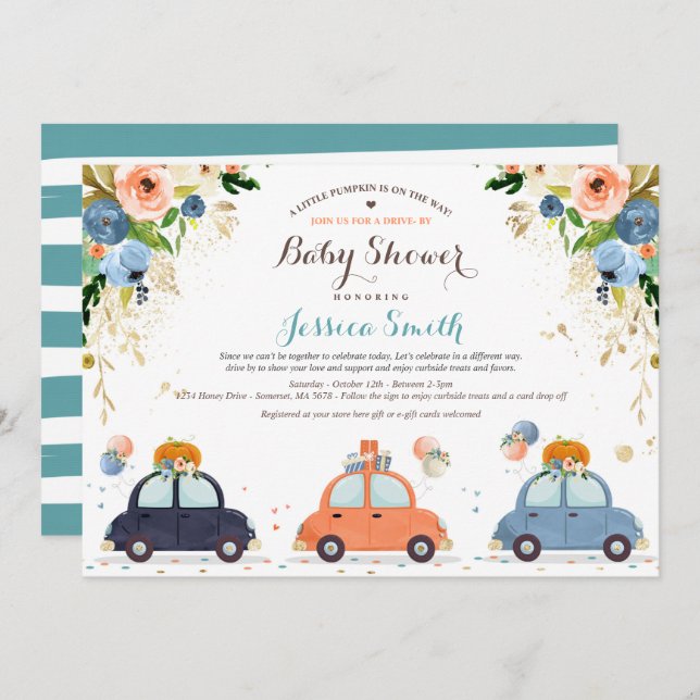 Blue & Gold Pumpkin Drive By Baby Shower Invitation (Front/Back)