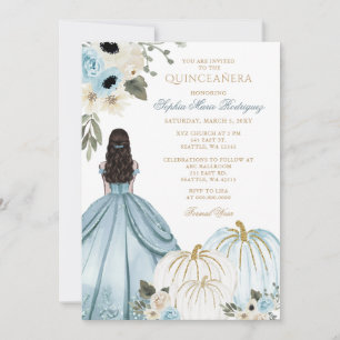 Blue Gold Pumpkin Princess Floral Quinceañera Invitation