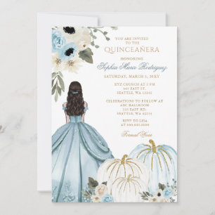 Blue Gold Pumpkin Princess Floral Quinceañera Invitation