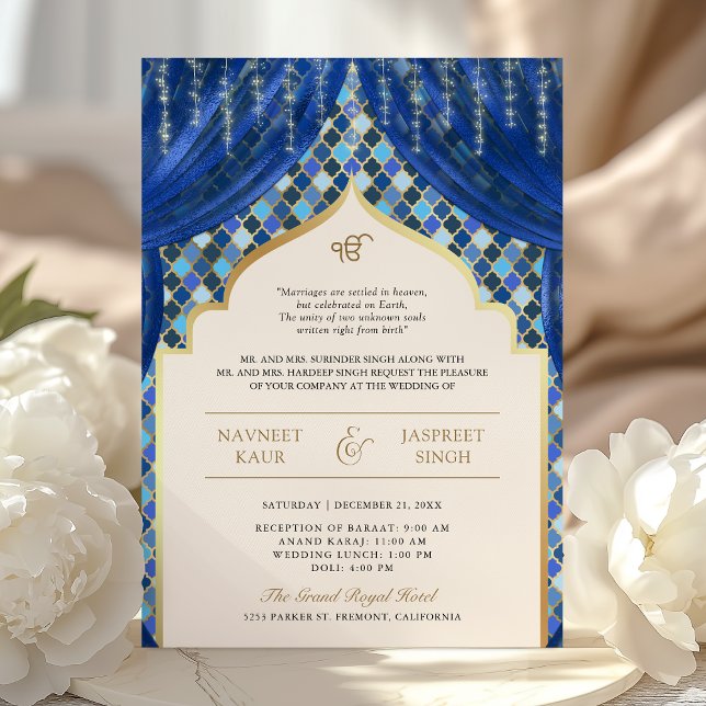 Blue Gold Quatrefoil QR Code Sikh Wedding Invitation (Creator Uploaded)