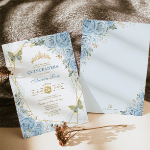 Blue Gold Quinceañera Butterfly Geometric Frame Invitation