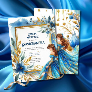 Blue Gold Quinceañera Dress  Invitation