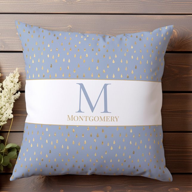 Blue Gold Raindrop Modern Trendy Monogram Cushion (Creator Uploaded)