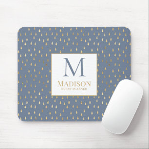 Blue Gold Raindrop Modern Trendy Monogram Mouse Pad