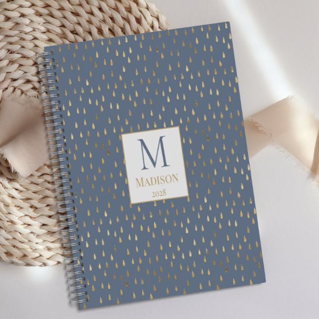 Blue Gold Raindrop Modern Trendy Monogram Planner (Creator Uploaded)