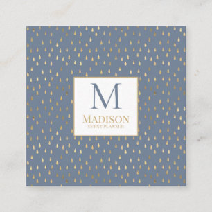 Blue Gold Raindrop Modern Trendy Monogram Square Business Card