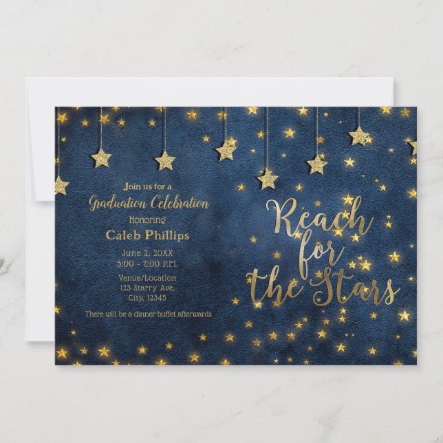 Blue Gold Reach for the Stars Celestial Graduation Invitation (Front)