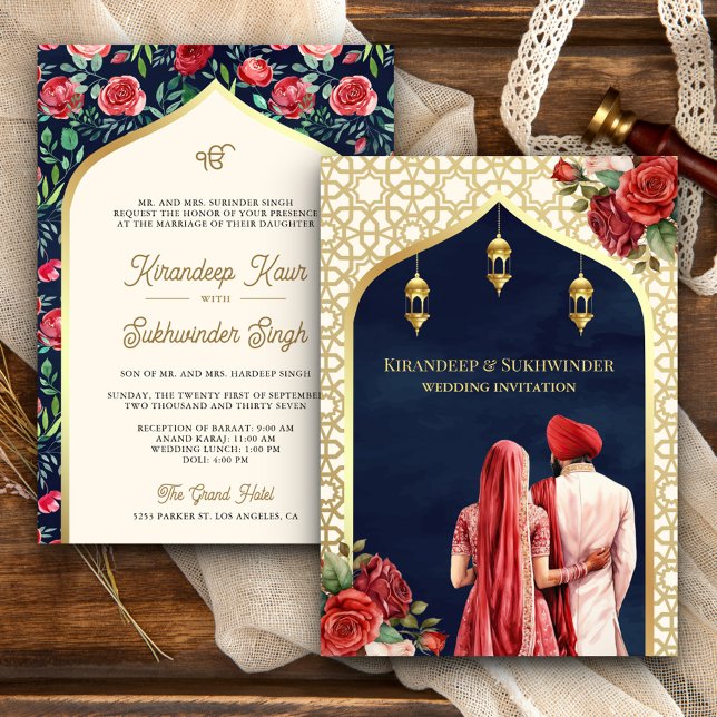 Blue Gold Red Rose Floral Anand Karaj Sikh Wedding Invitation (Creator Uploaded)