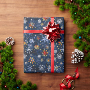 Blue, Gold & Red Snowflake Pattern With Stars Wrapping Paper