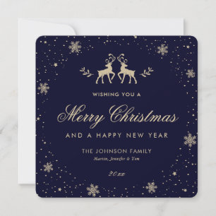 Blue Gold Reindeer Christmas Happy New Year Card