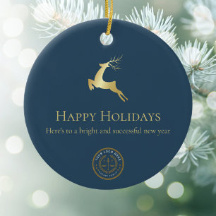 Blue Gold Reindeer Happy Holidays Business Logo Ceramic Tree Decoration