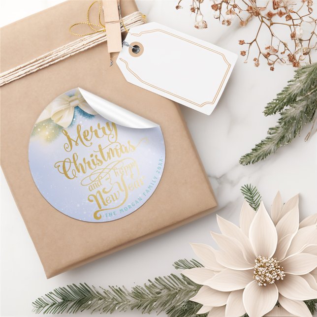 Blue Gold Ribbon Christmas Happy New Year Greeting Classic Round Sticker (Creator Uploaded)