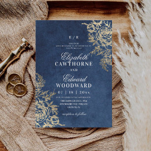 Blue & Gold ⎮Rose Botanical Elegant Wedding Invitation
