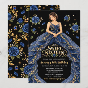 Blue Gold Rose Sweet Sixteen Birthday Invitation