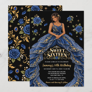 Blue Gold Rose Sweet Sixteen Birthday Invitation