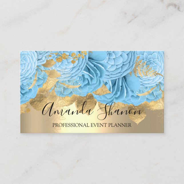 Blue Gold Roses Flower Logo Event Planner QRCode   Business Card (Front)