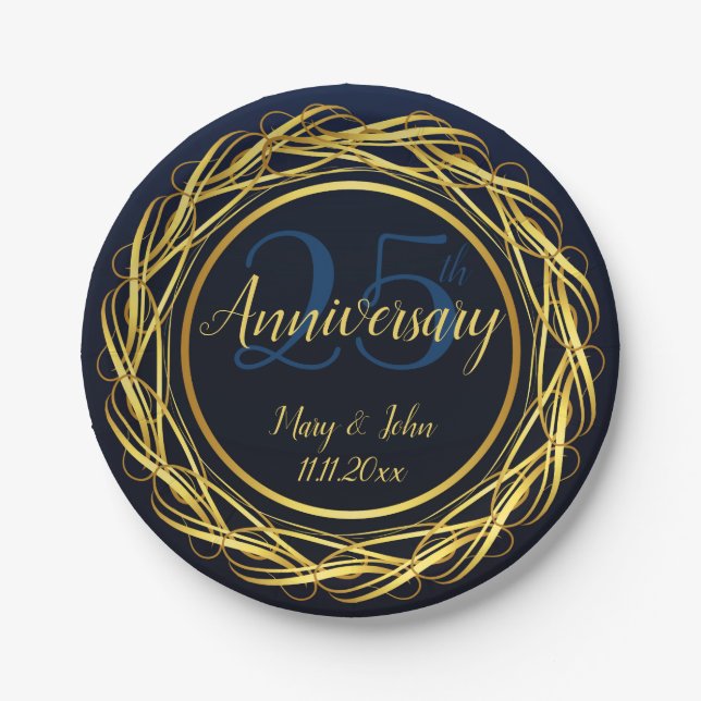Blue Gold Royal Anniversary Classy Paper Plate (Front)