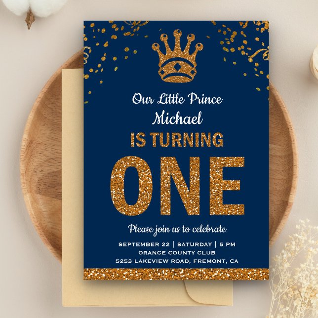 Blue Gold Royal Prince First Birthday Invitation (Creator Uploaded)