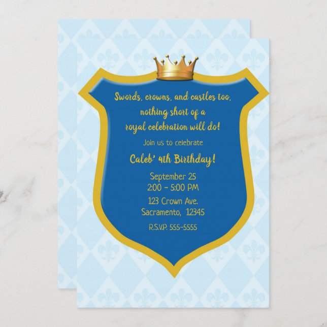 Blue & Gold Royal Shield & Crown Prince Party Invitation (Front/Back)
