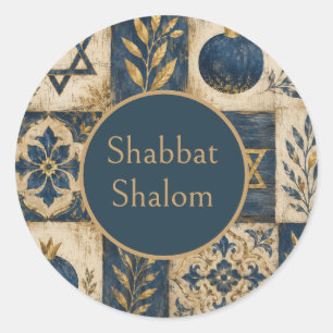 Blue Gold, Rustic Farmhouse Judaica Shabbat Classic Round Sticker