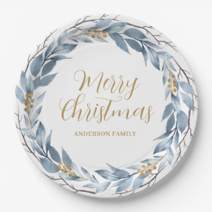 Blue Gold Rustic Personalised Christmas  Paper Plate