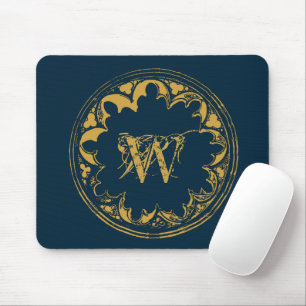 Blue & Gold Rustic Vintage Distressed Monogram Mouse Pad