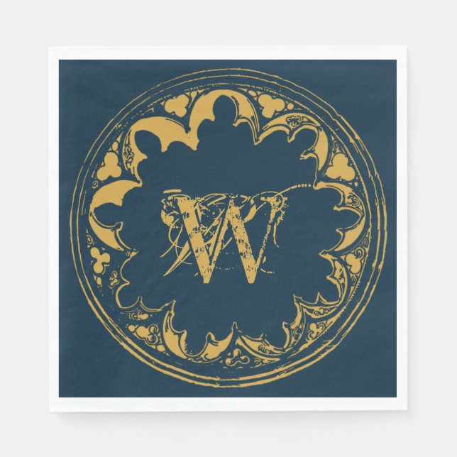 Blue & Gold Rustic Vintage Distressed Monogram Napkin (Front)