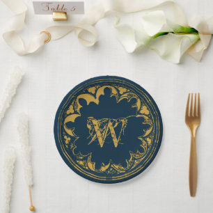 Blue & Gold Rustic Vintage Distressed Monogram Paper Plate