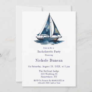 Blue & Gold Sailboat Nautical Bachelorette Party Invitation