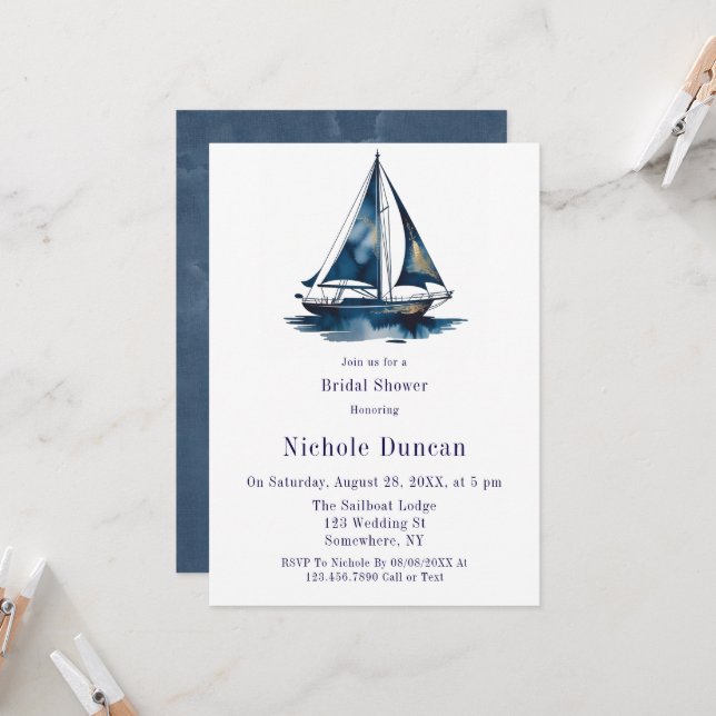 Blue & Gold Sailboat Nautical Bridal Shower Invitation (Front/Back In Situ)