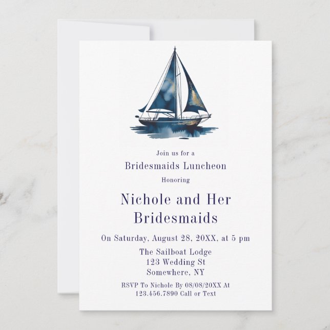Blue & Gold Sailboat Nautical Bridesmaids Luncheon Invitation (Front)