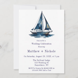 Blue & Gold Sailboat Nautical Wedding Celebration Invitation