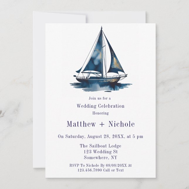 Blue & Gold Sailboat Nautical Wedding Celebration  Invitation (Front)