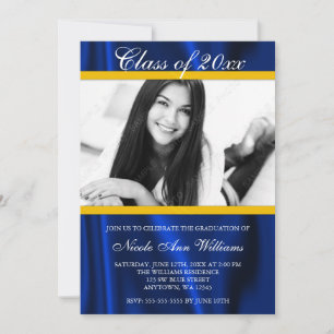 Blue Gold Satin Photo Graduation Announcement