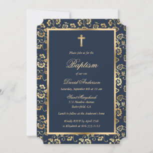 Blue Gold Script Floral Boy Baptism Invitation