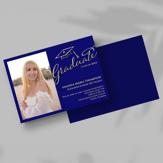 Blue Gold Script Photo Graduation Party Invite (Navy blue and gold script graduation photo invitation with cap illustration and elegant typography.)