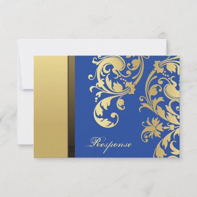 Blue Gold Shimmer Floral Wedding Response RSVP (Front)