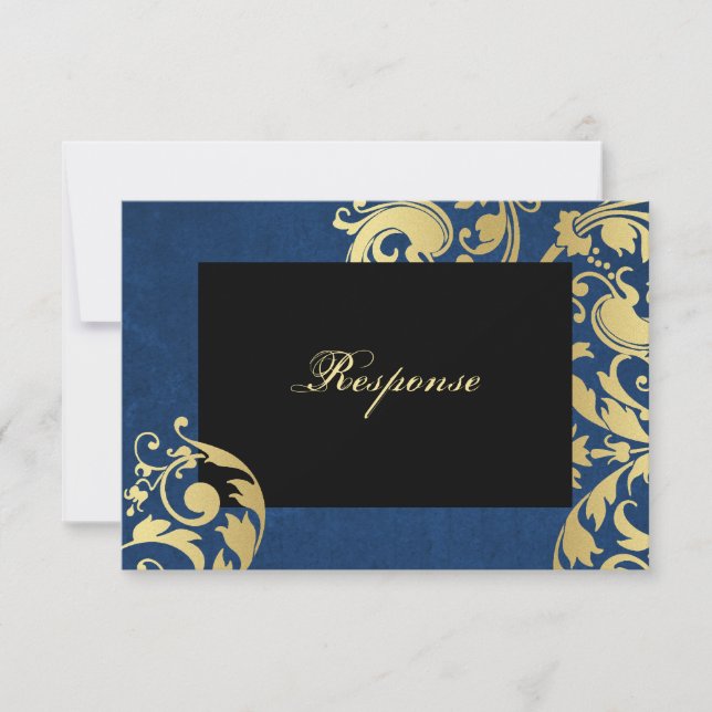 Blue & Gold Shimmer Floral Wedding Response RSVP (Front)