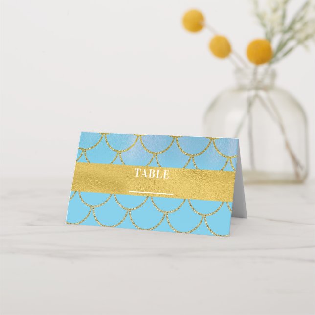 Blue Gold Shimmer Mermaid Party Table Number Place Card (Front)