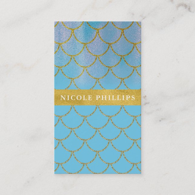 Blue & Gold Shimmer Mermaid Scales Glam Trendy Business Card (Front)