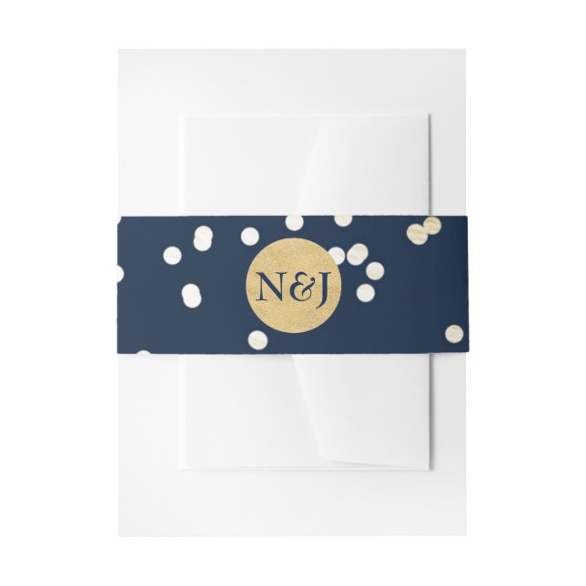 Blue & Gold Shiny Confetti Dots Modern Invitation Belly Band (Front Example)