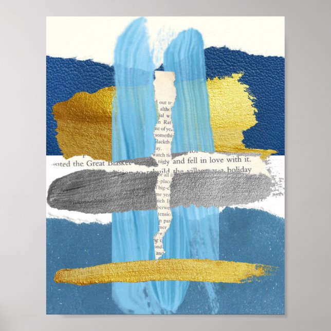 Blue Gold Silver Abstract Collage Poster (Front)