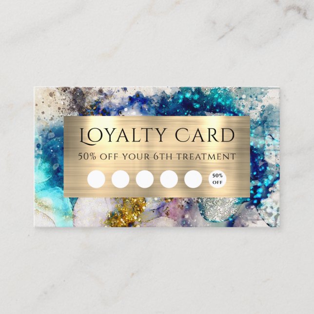 Blue gold silver glitter watercolor loyalty card (Front)