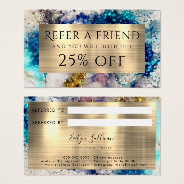 Blue gold silver glitter watercolor Referral card (Front & Back)