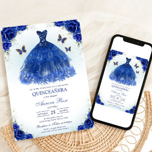Blue Gold Silver Mis Quince Quinceañera Birthday Invitation