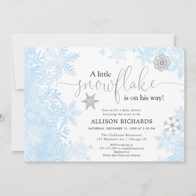 Blue gold silver snowflake winter boy baby shower invitation (Front)